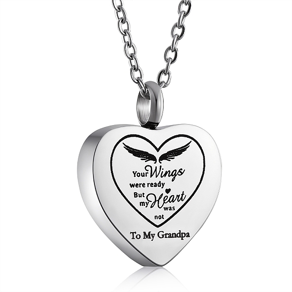 PandaHall Stainless Steel Heart Urn Ashes Pendant Necklace, Word To My Grandpa Memorial Jewelry for Men Women, Stainless Steel Color, 19.69...