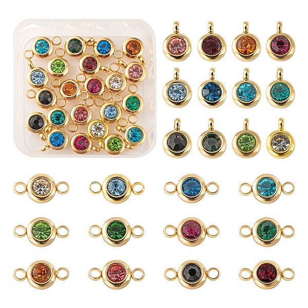 

PandaHall 24Pcs 12 Colors 304 Stainless Steel Rhinestone Charms & Links connectors, Birthstone Charms, Flat Round, Mixed Color, 9.3x6.5x4mm..., Multicolor