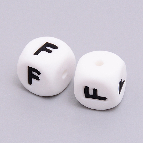 

PandaHall Silicone Beads, Cube with Letter.F, White, 12x12x12mm, Hole: 2mm Silicone Cube White