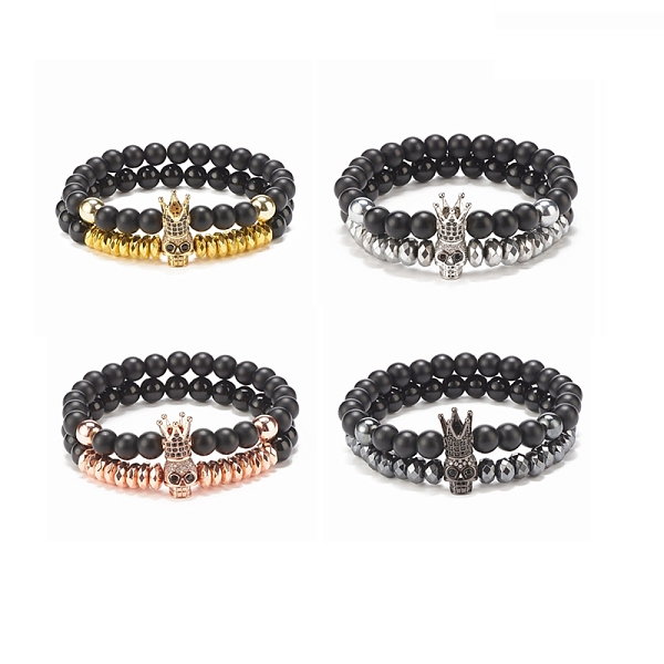 

PandaHall 2Pcs 2 Style Synthetic Hematite & Black Stone & Natural Obsidian Stretch Bracelets Set with Cubic Zirconia Skull, Gemstone Jewelry...