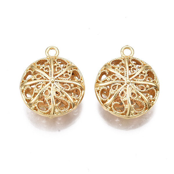 

PandaHall Brass Pendants, Hollow, Nickel Free, Flat Round, Real 18K Gold Plated, 23x19.5x10mm, Hole: 2mm Brass Flat Round