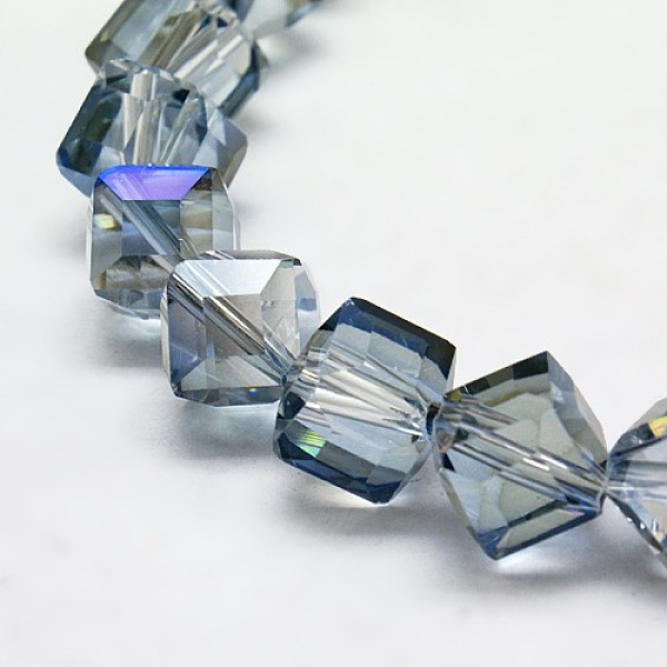 

PandaHall Half Plated Crystal Glass Cube Beads Strands, Faceted, Rainbow Plated, 10~11x10~11x10~11mm, Hole: 1mm Glass Cube Blue