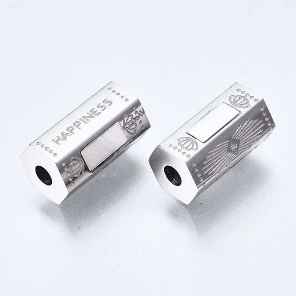 

PandaHall 304 Stainless Steel Beads, with Shell, Hexagonal Prism with Word Happiness, Stainless Steel Color, 11.5x6.5x6mm, Hole: 2mm 304...