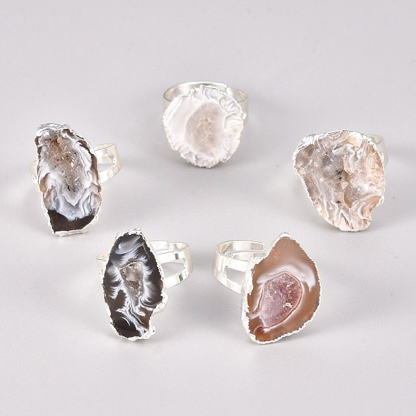 

PandaHall Adjustable Natural Druzy Agate Finger Rings, with Brass Findings, Silver, US Size 8, Inner Diameter: 18~19mm Natural Agate Silver