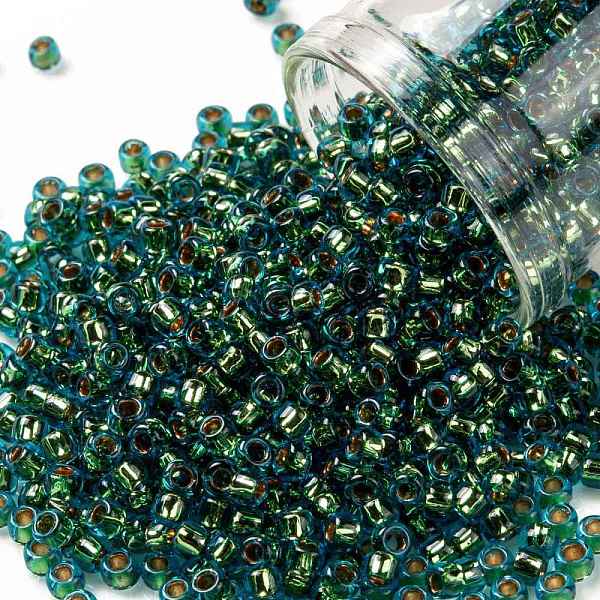 

PandaHall TOHO Round Seed Beads, Japanese Seed Beads, (756) 24K Gold Lined Aquamarine, 8/0, 3mm, Hole: 1mm, about 220pcs/10g Glass Cyan