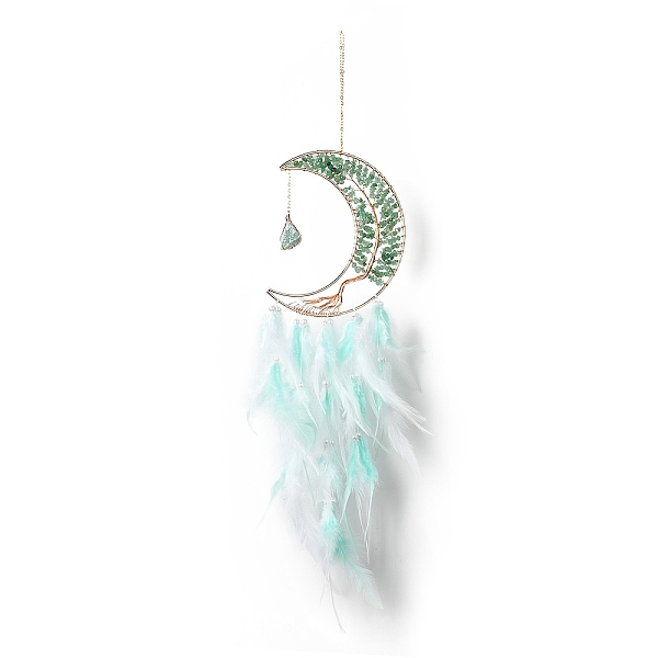 

PandaHall Natural Green Aventurine Chips Beaded Tree of Life Moon with Feather Pendant Decorations, with Iron Findings, for Garden Home...