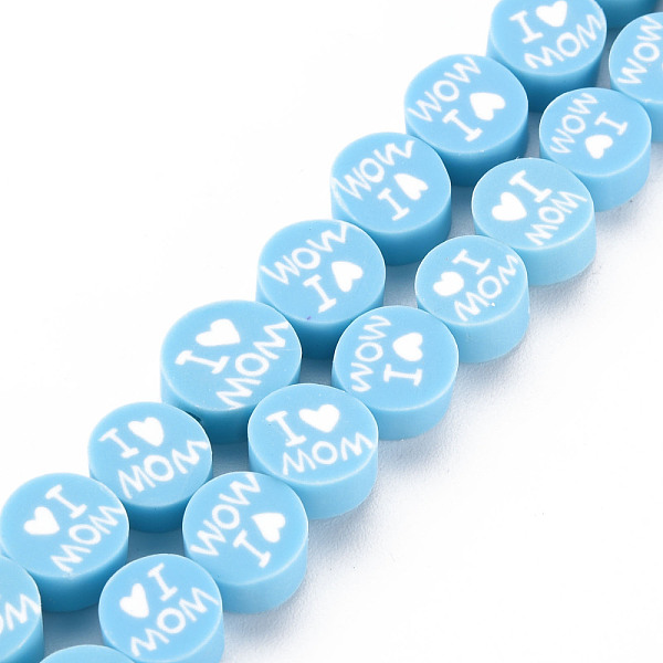 

PandaHall Handmade Polymer Clay Bead Strands, Mother's Day Theme, Flat Round with Word I Love MOM, Sky Blue, 8x4mm, Hole: 1.4mm, about...