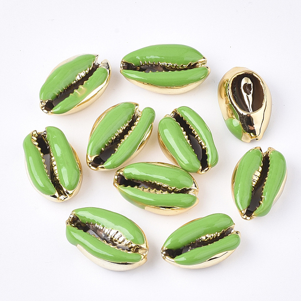 

PandaHall Electroplated Cowrie Shell Beads, with Enamel, No Hole/Undrilled, Golden, Lime Green, 18~20x12~14x6~7.5mm Cowrie Shell Shell Shape