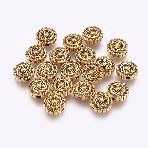 

PandaHall Tibetan Style Alloy Beads, Lead Free & Cadmium Free, Flat Round, Antique Golden Color, Size: about 10mm in diameter, 4mm thick...