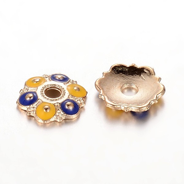 PandaHall Golden Plated Flower Alloy Enamel Bead Caps, 6-Petal, Blue, 13x2mm, Hole: 3mm Alloy+Enamel Blue