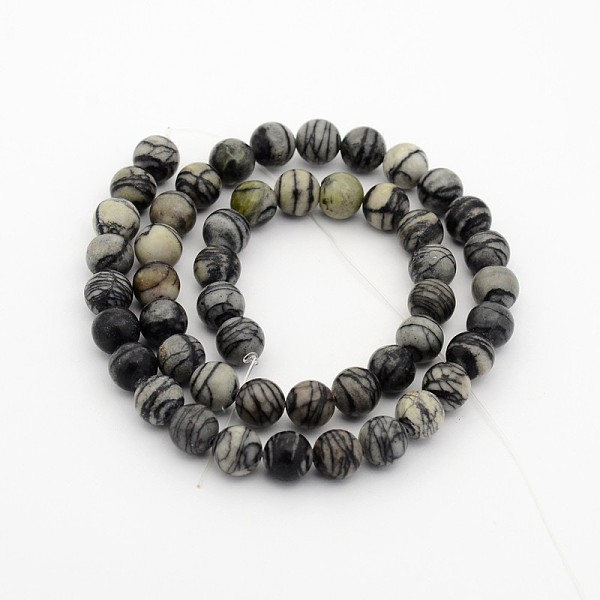 

PandaHall Natural Black Silk Stone/Netstone Round Beads Strands, 4mm, Hole: 1mm, about 98pcs/strand, 15.7 inch Netstone Round