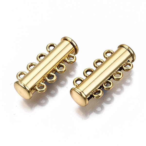 

PandaHall 4-Strands Brass Magnetic Slide Lock Clasps, 8-Hole, Tube, Golden, 24x10.5x6.5mm, Hole: 1.5mm Brass
