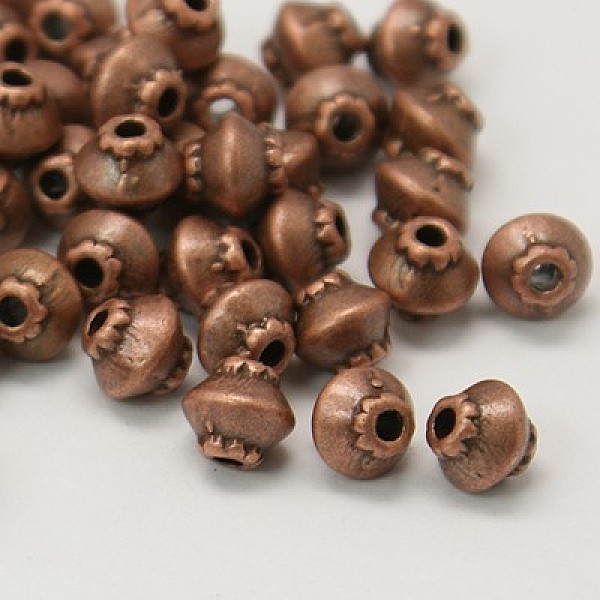 

PandaHall Tibetan Style Spacer Beads, Bicone, Zinc Alloy, Lead Free & Cadmium Free, Red Copper Color, 5x4.5mm, Hole: 1mm Alloy Bicone