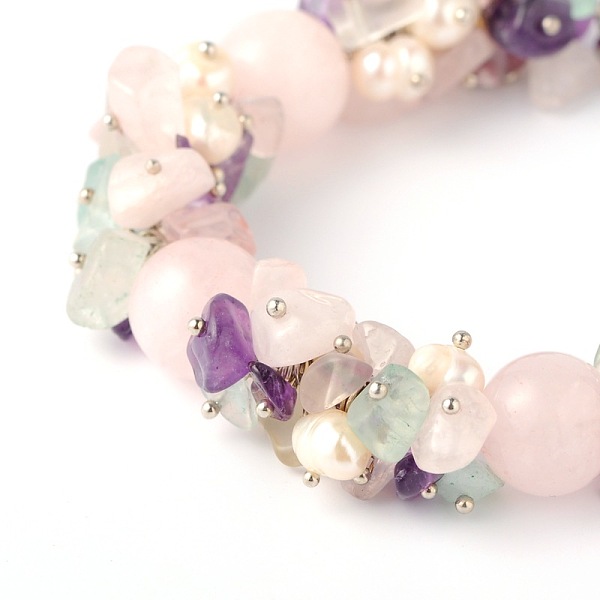 

PandaHall Natural Gemstone Chips Bracelets, with Pearl Beads, Alloy Lobster Claw Clasps and Iron End Chains, Crystal, 190x14mm Quartz...