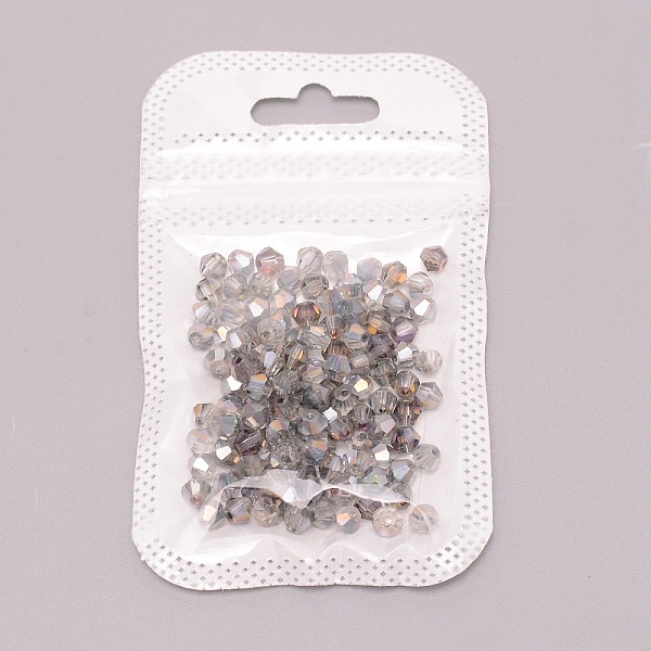 

PandaHall Electroplate Glass Beads, Half AB Color Plated, Faceted, Bicone, Light Grey, 3.5~4x4~4.5mm, Hole: 0.9~1mm, 100pcs/bag Glass Bicone