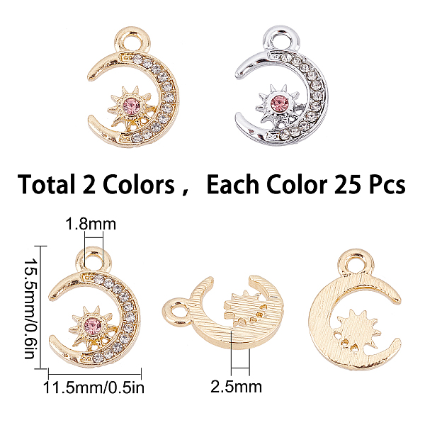 

PandaHall SUNNYCLUE 50Pcs 2 Colors Alloy Pendants, with Light Rose Rhinestone, Moon & Star, Platinum & Golden, 15.5x11.5x2.5mm, Hole: 1.8mm..., Pink