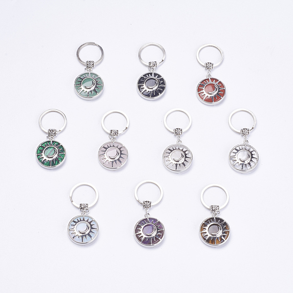 

PandaHall Natural/Synthetic Gemstone Keychain, with Brass Finding, Flat Round with Sun & Moon, 64mm Mixed Stone Flat Round Multicolor