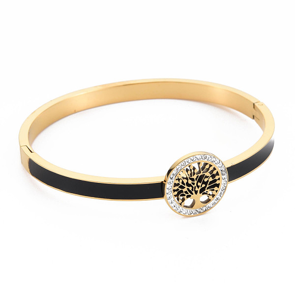 

PandaHall Crystal Rhinestone Flat Round with Tree of Life Bangle, Stainless Steel Hinged Bangle with Enamel for Women, Golden, Inner...