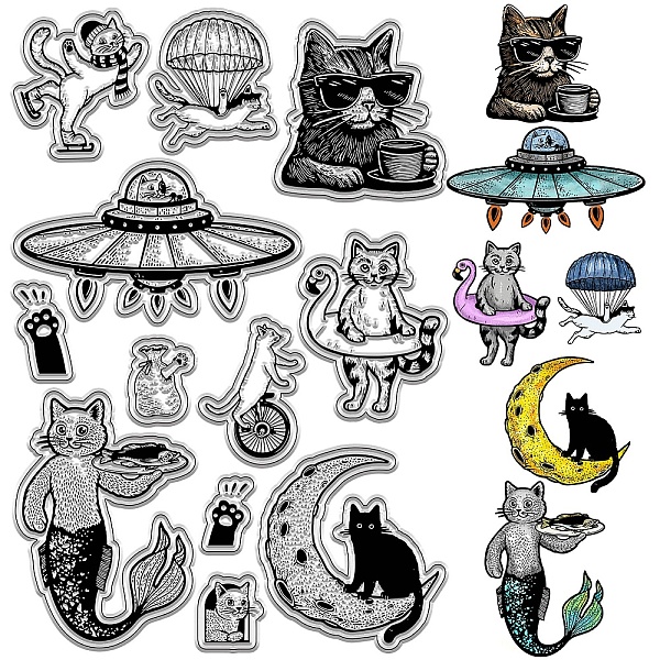 

PandaHall CRASPIRE Cat Clear Rubber Stamps Mermaid Cats Parachute Cats Skating Cats Cats On The Moon Vintage Transparent Silicone Stamp...