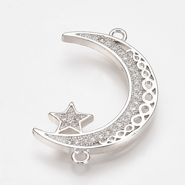 

PandaHall Brass Micro Pave Cubic Zirconia Links, Clear, Moon with Star, Platinum, 27.5x18x2mm, Hole: 1.5mm Brass+Cubic Zirconia Moon Clear