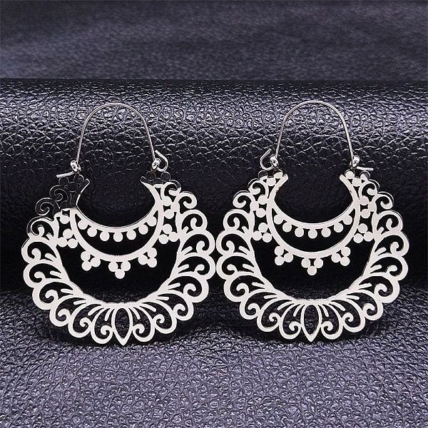 

PandaHall Bohemia 304 Stainless Steel Hoop Earrings, Hollow Flower, Stainless Steel Color, 48x37mm 304 Stainless Steel Flower