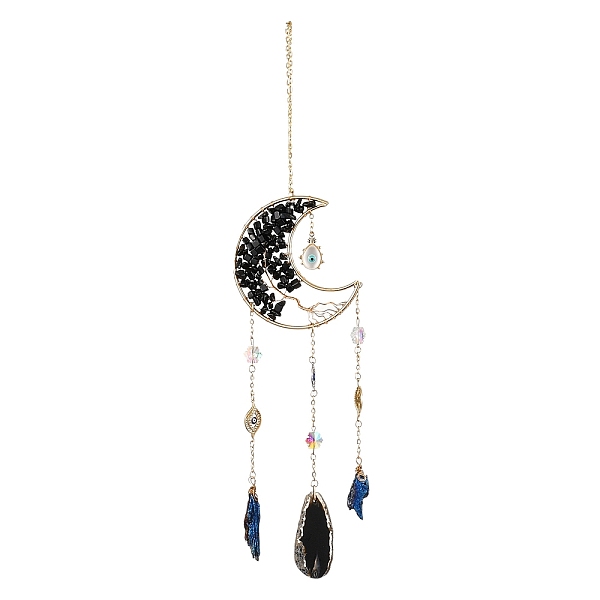 

PandaHall Natural Agate Wind Chime, with Glass Beads, Resin Charms and Iron Findings, Moon and Devil Eye, Golden, 395mm Natural Agate Moon