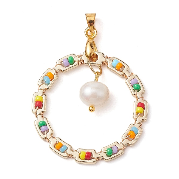 

PandaHall Golden Alloy Pendants, with Natural Shell & Glass Seed Beadss, Ring Charms, Colorful, 32.5x3.5mm, Hole: 4.5x4mm Pearl Ring