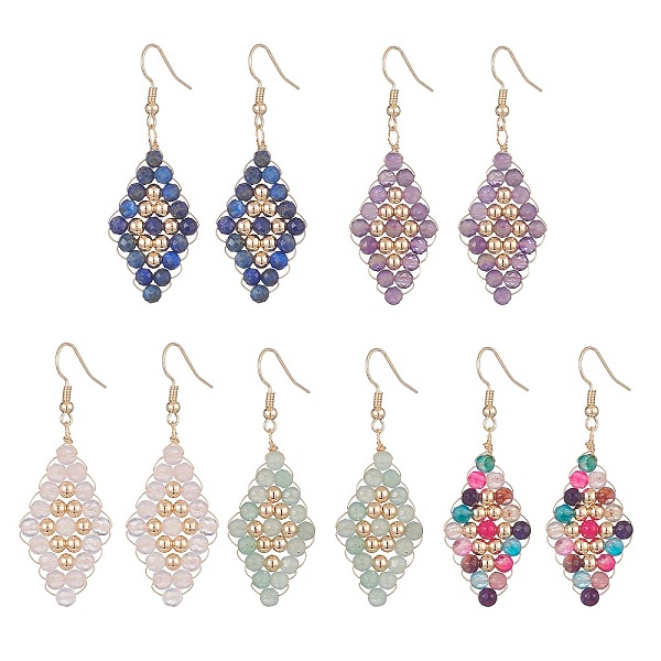 

PandaHall Natural Mixed Gemstone Beaded Rhombus Dangle Earrings, Brass Wire Wrapped Jewelry for Women, 55mm, Pin: 0.6mm Mixed Stone Rhombus
