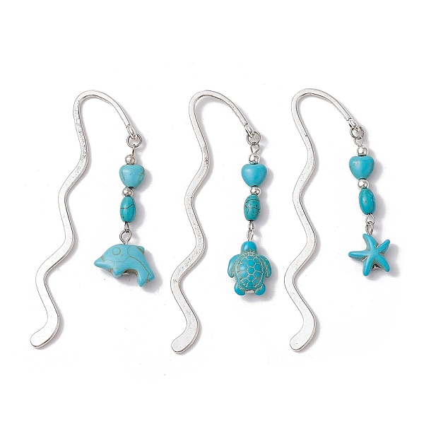 

PandaHall 3Pcs 3 Styles Zinc Alloy Wavy Bookmarks, Starfish Dolphin Turtle Synthetic Turquoise Bead Pendant Bookmark, Antique Silver, 85.5mm...