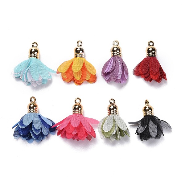 

PandaHall Chiffon Pendants, with CCB Plastic, Two Tone, Flower, Golden, Mixed Color, 30~35x25~32mm, Hole: 1.6mm Cloth Flower Multicolor