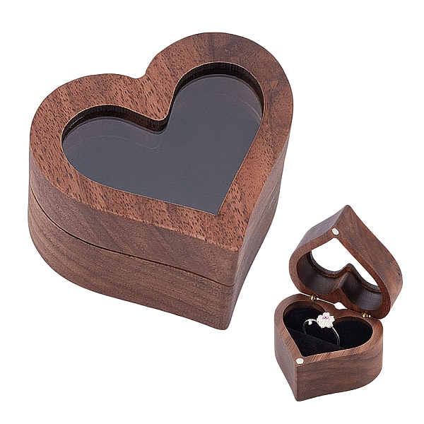 PandaHall BENECREAT Heart Wood Ring Box with Clear Window, Handmade Wooden Presentation Jewelry Box for Wedding Proposal Party, 6x5.3x3.7cm...