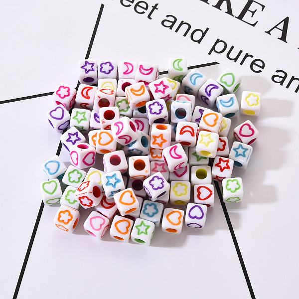 

PandaHall Craft White Acrylic Beads, Cube with Mixed Color Star & Moon & Flower & Heart, 5.5~6x5.5~6x5.5~6mm, Hole: 3mm, about 100pcs/bag..., Multicolor
