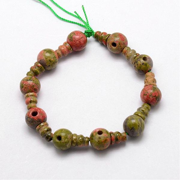 Natural Unakite 3-Hole Guru Bead Strands