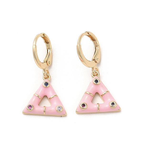 

PandaHall Triangle Real 18K Gold Plated Brass Dangle Leverback Earrings, with Enamel and Cubic Zirconia, Pink, 27x13.5mm Cubic Zirconia...
