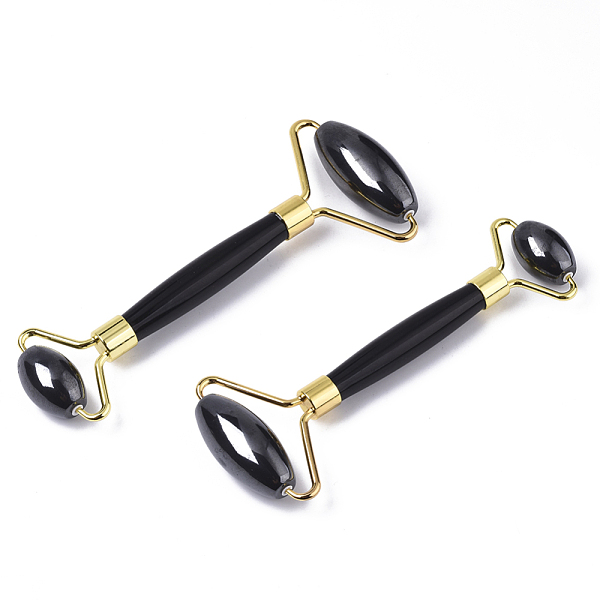 PandaHall Magnetic Synthetic Hematite Massage Tools, Facial Rollers, with Light Gold Plated Brass Findings, 14.6x6.1x2cm Magnetic Hematite...
