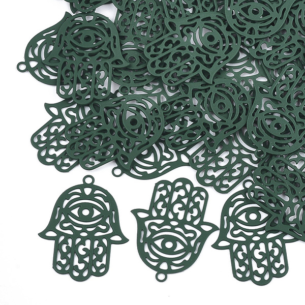 

PandaHall 430 Stainless Steel Filigree Pendants, Spray Painted, Etched Metal Embellishments, Hamsa Hand/Hand of Fatima/Hand of Miriam with..., Green