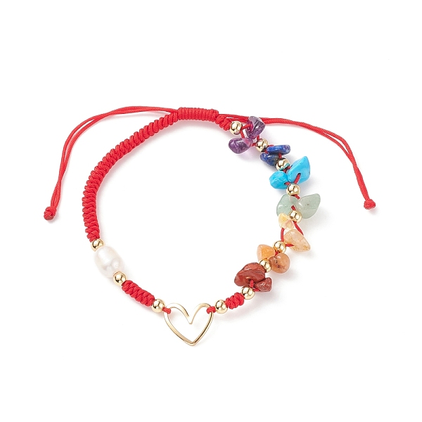 PandaHall Natural Mixed Stone & Freshwater Pearl Braided Bead Bracelets, Brass Heart Link Bracelet for Men Women, Red, Inner Diameter...