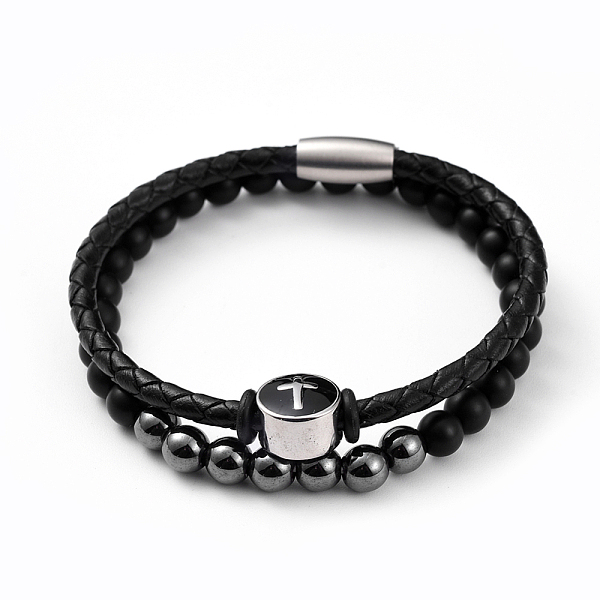 

PandaHall Unisex Leather Cord Bracelet and Stretch Bracelet Jewelry Sets, Stackable Bracelets, with Natural Black Agate & Non-magnetic...