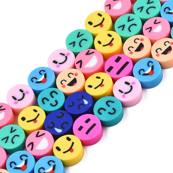 

PandaHall Handmade Polymer Clay Bead Strands, Flat Round with Expression, Mixed Color, 9x4mm, Hole: 1.6mm, about 40pcs/strand, 14.96 inch..., Multicolor