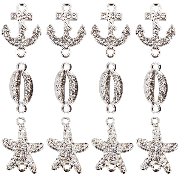 

PandaHall SUNNYCLUE 30Pcs 3 Styles Alloy Connector Charms with Crystal Rhinestone, Oval & Anchor & Starfish, Platinum..., Clear