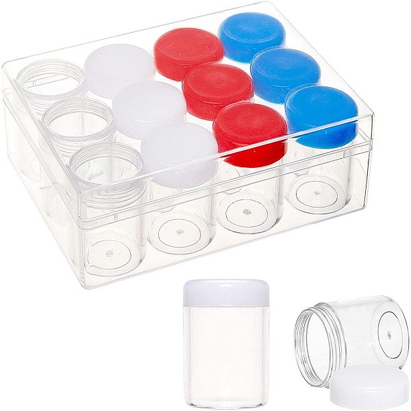PandaHall BENECREAT 12PCS 20ml Plastic Bead Jars 4 Colors Screw Lid Bead Storage Containers with Large Storage Box for Shampo, Body Wash...