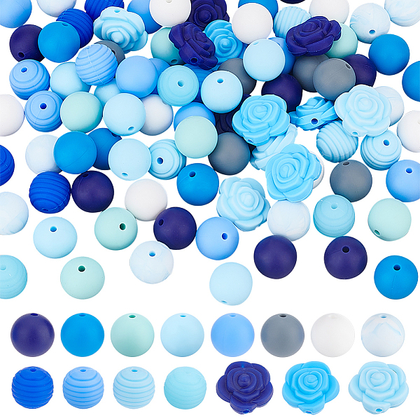 

PandaHall DICOSMETIC 92Pcs 3 Styles Silicone Loose Beads Colorful Blue Round Rubber Beads Rose Polygonal Silicone Beads DIY Keychain..., Multicolor