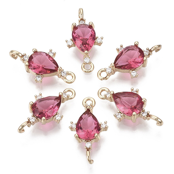 

PandaHall Glass Links connectors, with Brass Micro Pave Cubic Zirconia, Faceted, Teardrop, Light Gold, Medium Violet Red, 18x9.5x4.5mm, Hole...