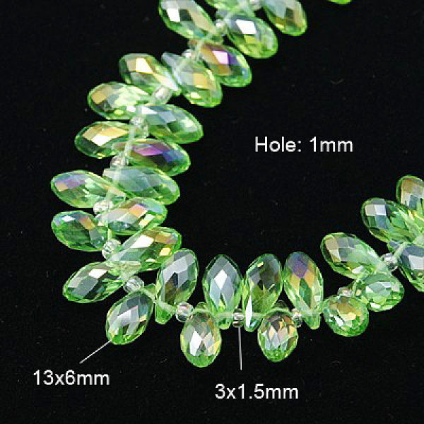 

PandaHall Electroplate Glass Faceted Teardrop Beads Strands, Top Drilled Beads, AB Color Plated, Lime Green, 11.5~13x6mm, Hole: 1mm, about...