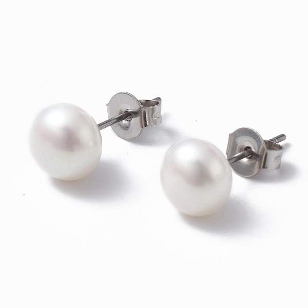 

PandaHall Natural Pearl Ear Studs, 304 Stainless Steel Pin Ear Stud for Women, Round, WhiteSmoke, 16.5~17x7mm, Pin: 0.7mm Pearl Round White