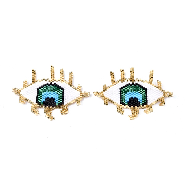 

PandaHall Handmade Seed Beads Links Connectors, with Elastic Thread, Loom Pattern, Eye, Colorful, 42~43x55~56x1.5mm, Hole: 3mm Glass Eye