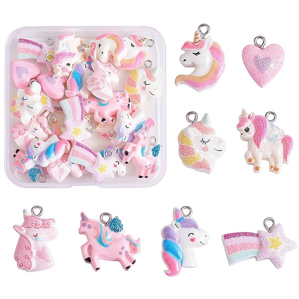 

PandaHall 32Pcs 8 Styles Opaque Resin Pendants, Unicorn Theme Charm, with Glitter Powder and Platinum Tone Iron Loops, Mixed Shapes, Mixed..., Multicolor