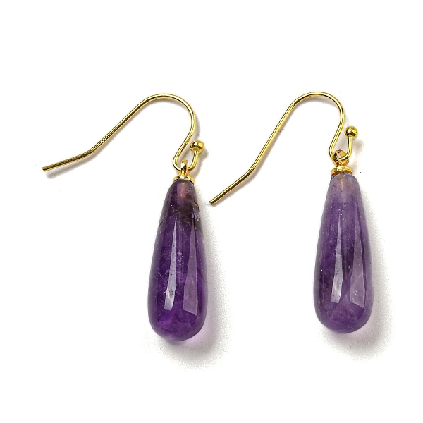 

PandaHall Ion Plating(IP) Natural Amethyst Dangle Earring, with Brass Earring Hook, Teardrop, 34~36x7~7.5mm Amethyst Teardrop