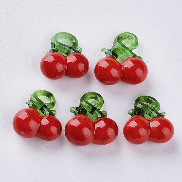 PandaHall Handmade Lampwork Pendants, Cherry, Red, 17~19x15~17x9~10mm, Hole: 2~3mm Lampwork Cherry Red
