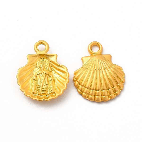 

PandaHall Rack Plating Alloy Pendants, Shell with Saint Charm, Matte Gold Color, 18x14.3x3.4mm, Hole: 1.7mm Alloy Shell Shape